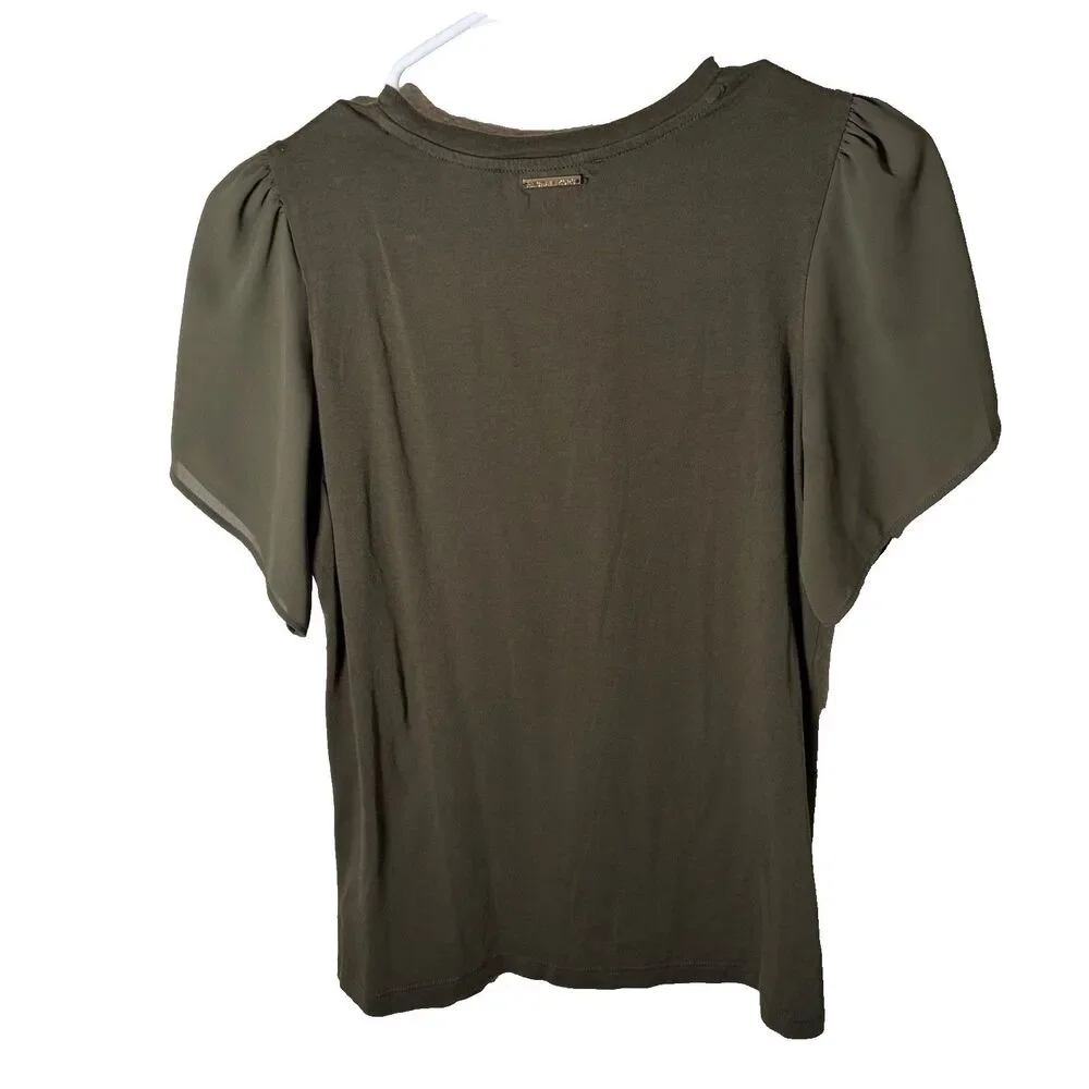 Michael Kors Blouse Women's Small Green Short Sleeve Ruffle Crew Neck Top